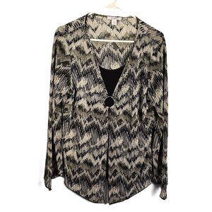 DressBarn Womens Top XL Long Sleeve ZigZag Black White Metallic Silver Gold